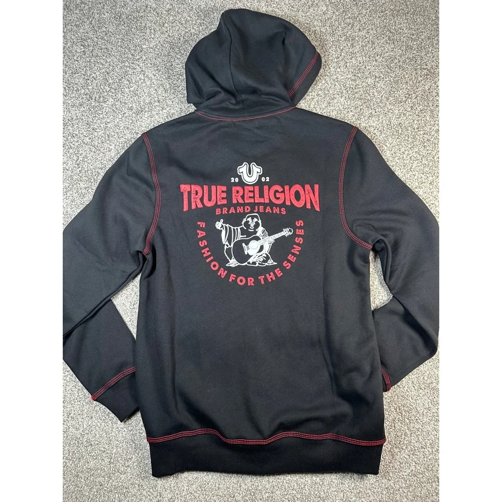 True Religion Mens TNL Puff Buddha Zip Hoodie Jet Black Red Stitch 701039 S